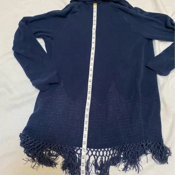 Lilly Pulitzer Tatum Cardigan Sweater XL Navy Fringe Trim Hem Open Front Long - Picture 8 of 11